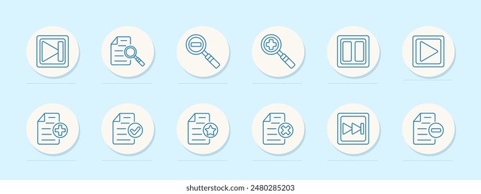 File and media set icon. Document, search, play, and pause. File management, media control, and document analysis concept.