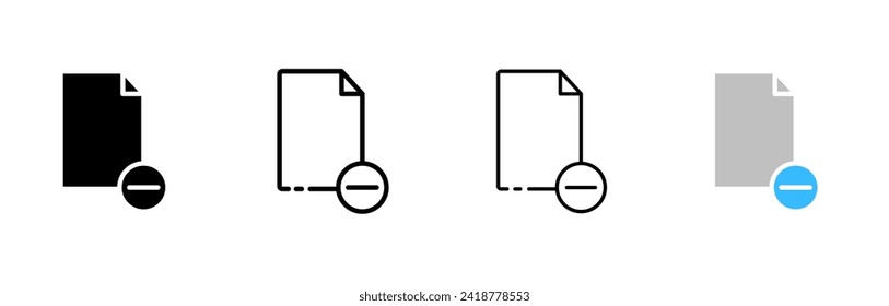 File with minus icon set. Silhouette, linear, and flat style. Vector icons.