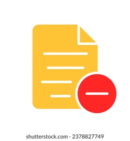 Datei mit Minuszeilensymbol. Informationen, Ordner, Dokument, Arbeit, Computer, Speichern. Vektorfarbsymbol auf weißem Hintergrund für Wirtschaft und Werbung.