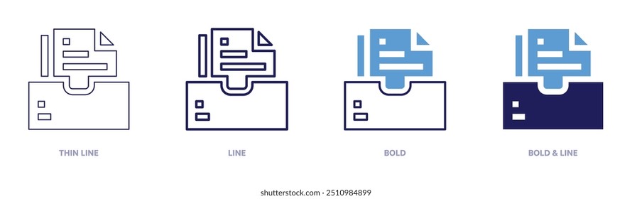 Ícone de monitoramento de arquivo em 4 estilos diferentes. Linha fina, Linha, Negrito e Linha Negrito. Estilo duotônico. Traçado editável.