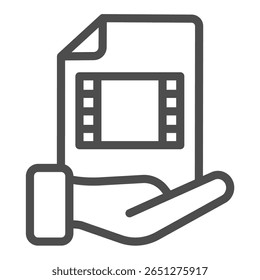 File of movie in hand line icon, data hoarding concept. Vector graphics. Movie library video file sharing sign on white background, outline style icon for mobile or web design