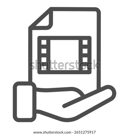 File of movie in hand line icon, data hoarding concept. Vector graphics. Movie library video file sharing sign on white background, outline style icon for mobile or web design