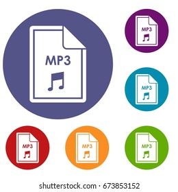 File MP3 icons set in flat circle reb, blue and green color for web