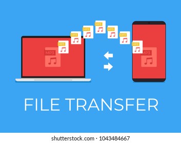 File mp3 transfer between smartphone and laptop. Vector flat cartoon icon illustration