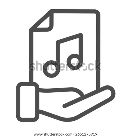 File of music song in hand line icon, data hoarding concept. Vector graphics. Music library audio file sharing sign on white background, outline style icon for mobile or web design