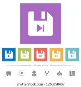 File next flat white icons in square backgrounds. 6 bonus icons included.