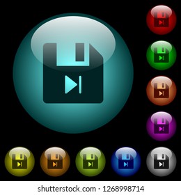 File next icons in color illuminated spherical glass buttons on black background. Can be used to black or dark templates