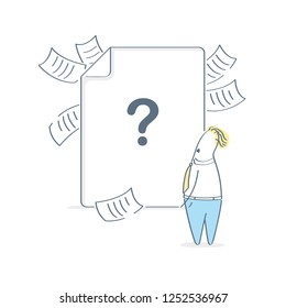 File not found, missing result, 502 or 404 error concept. Cartoon man do not understand what happened and looking at empty page with question mark. Isolated vector illustration on white.