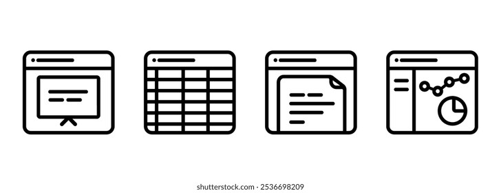 Herramientas de productividad de oficina de archivos editor de texto hoja de cálculo de documento presentación de software símbolo de esquema de línea conjunto de colección