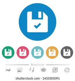 File ok flat white icons on round color backgrounds. 6 bonus icons included.