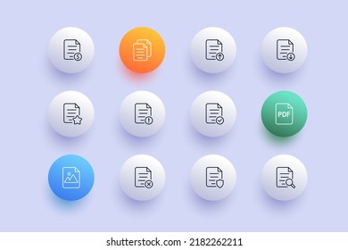 File operations set icon. Dollar, upload, download, star, exclamation mark, checkmark, picture, cross, shield, magnifier. Technology concept. Neomorphism style. Vector line icon for Business.