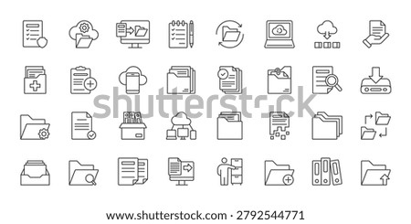 File Organization icons in line design. file organization, folder, document, archive, storage, sorting, management on white background vector. File Organization editable stroke icons.