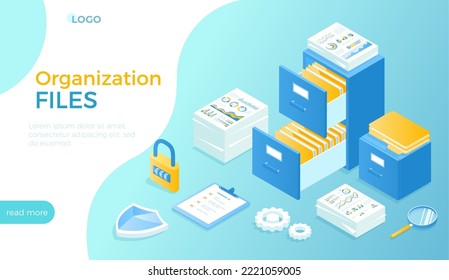 File organization service. Document archiving concept. Organized data storage system. Drawers with folders and documents. Isometric vector illustration for website.