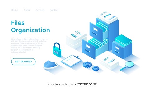 Servicio de organización de archivos. Concepto de archivo de documentos. Sistema de almacenamiento de datos organizado. Dibujos con carpetas y documentos. Plantilla de página de inicio para web sobre fondo blanco.	
