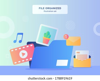File organized illustration set file folder contains video music picture message email with flat style