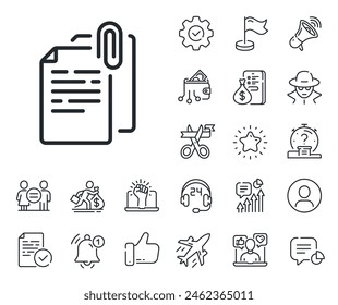 File with paper clip sign. Salaryman, gender equality and alert bell outline icons. Document attachment line icon. Office note symbol. Document attachment line sign. Vector