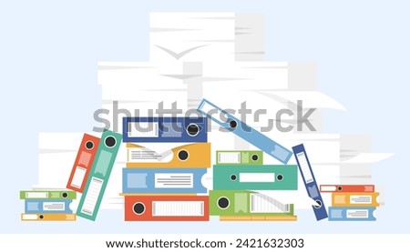 A lot of file and paper documents and file binder, Unorganized paper sheets and file binders.