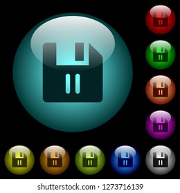 File pause icons in color illuminated spherical glass buttons on black background. Can be used to black or dark templates