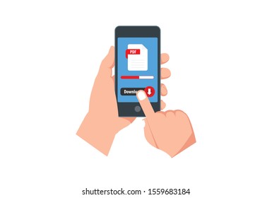 File Pdf download button on smartphone screen. Hand holds smartphone, finger touches button. Downloading document concept for web banners, web sites,  Creative flat design vector illustration