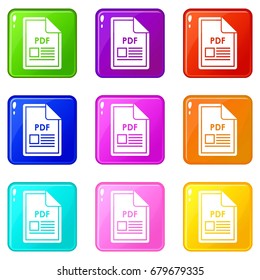 File PDF icons of 9 color set isolated vector illustration