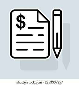 File with pencil line icon. Documents, money, credit, installment plan, mortgage, securities, contract, banking system. Banking concept. Vector sticker line icon on white background