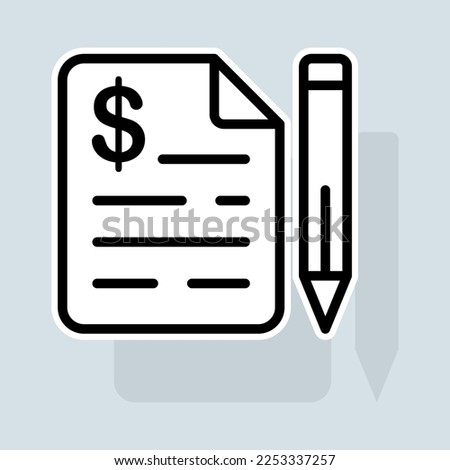 File with pencil line icon. Documents, money, credit, installment plan, mortgage, securities, contract, banking system. Banking concept. Vector sticker line icon on white background