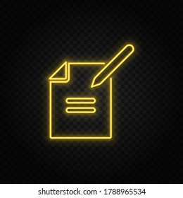 file, pencil yellow neon icon .Transparent background. Yellow neon vector icon