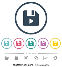 File play flat color icons in round outlines. 6 bonus icons included.