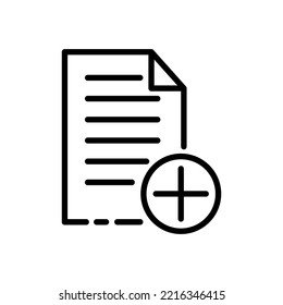 File with plus line icon. Add new information, text document, pdf file, private, book, new file, note. Data set concept. Vector black line icon on a white background