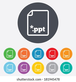 File presentation icon. Download PPT button. PPT file extension symbol. Round colourful 11 buttons. Vector