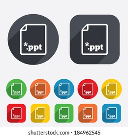 File presentation icon. Download PPT button. PPT file extension symbol. Circles and rounded squares 12 buttons. Vector