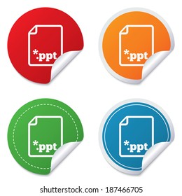 File presentation icon. Download PPT button. PPT file extension symbol. Round stickers. Circle labels with shadows. Curved corner. Vector