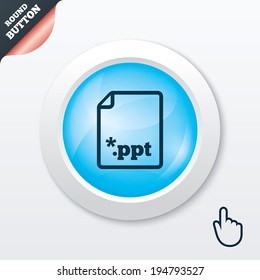 File presentation icon. Download PPT button. PPT file extension symbol. Blue shiny button. Modern UI website button with hand cursor pointer. Vector