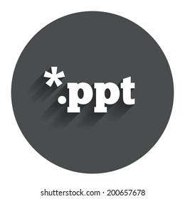 File presentation icon. Download PPT button. PPT file extension symbol. Circle flat button with shadow. Modern UI website navigation. Vector