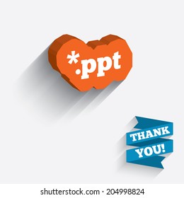 File presentation icon. Download PPT button. PPT file extension symbol. White icon on orange 3D piece of wall. Carved in stone with long flat shadow. Vector