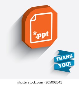 File presentation icon. Download PPT button. PPT file extension symbol. White icon on orange 3D piece of wall. Carved in stone with long flat shadow. Vector