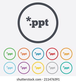 File presentation icon. Download PPT button. PPT file extension symbol. Round circle buttons with frame. Vector