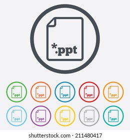 File presentation icon. Download PPT button. PPT file extension symbol. Round circle buttons with frame. Vector