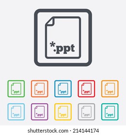 File presentation icon. Download PPT button. PPT file extension symbol. Round squares buttons with frame. Vector
