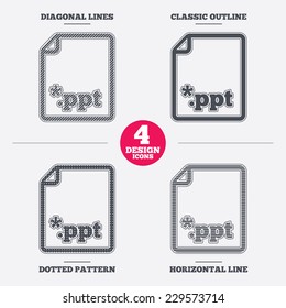 File presentation icon. Download PPT button. PPT file extension symbol. Diagonal and horizontal lines, classic outline, dotted texture. Pattern design icons.  Vector