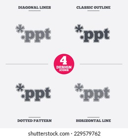 File presentation icon. Download PPT button. PPT file extension symbol. Diagonal and horizontal lines, classic outline, dotted texture. Pattern design icons.  Vector