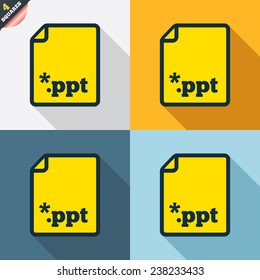 File presentation icon. Download PPT button. PPT file extension symbol. Four squares. Colored Flat design buttons. Vector