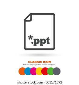 File presentation icon. Download PPT button. PPT file extension symbol. Classic flat icon. Colored circles. Vector