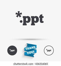 File presentation icon. Download PPT button. PPT file extension symbol. Flat icons. Buttons with icons. Thank you ribbon. Vector