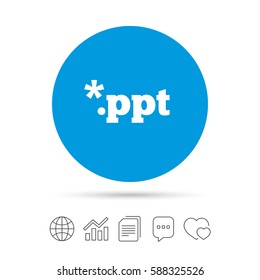 File presentation icon. Download PPT button. PPT file extension symbol. Copy files, chat speech bubble and chart web icons. Vector