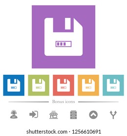 File progressing flat white icons in square backgrounds. 6 bonus icons included.