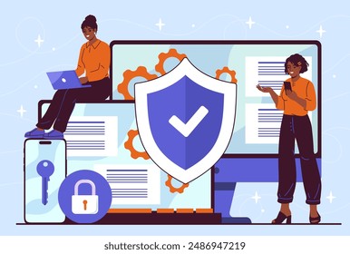 Concepto de protección de archivos. Dos mujeres cerca de un smartphone, laptop y computadora. Seguridad de la información personal. Ciberseguridad de documentos y contratos. Ilustración vectorial plana de dibujos animados