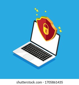 File protection isometric design. Data security and privacy concept on a computer display. Safe confidential information. Laptop with red shield on a dispaly. Vector illustration.