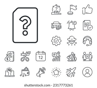 File with Question mark sign. Salaryman, gender equality and alert bell outline icons. Unknown Document line icon. Untitled Paper page concept symbol. Unknown file line sign. Vector