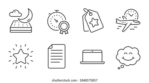 File, Rank star and Night mattress line icons set. Best result, Flight time and Laptop signs. Smile, Loyalty tags symbols. Paper page, Best result, Sleeping pad. Business set. Vector